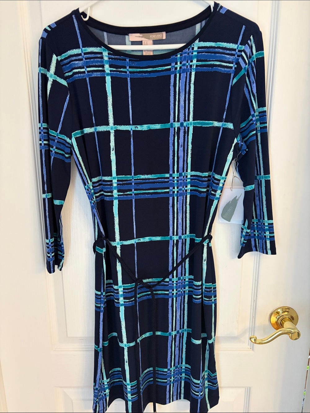 Forever 21 Navy Plaid Midi Dress with Teal & Light Blue Stripe